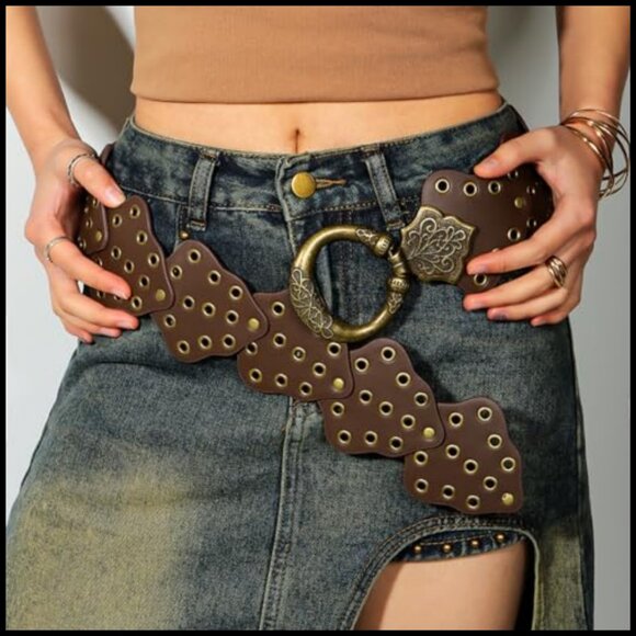 Boho Western Wide Leather Belt Vintage Cowgirl Style Metal Buckle Adjustable main image 7